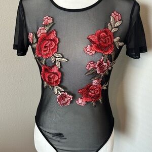 Black rose embroidered mesh onesie
